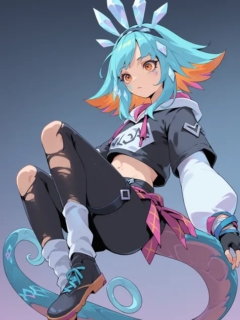 score_9,1girl,solo,torn clothes,torn pants,fingerless gloves,black gloves,multicolored hair,hood,orange eyes,hood down,hairband,bangs,cropped hoodie,black pants,navel,blue hair,orange hair,short hair,facial mark,crystal,black hairband,<lora:neekoxlv2:1>,ta...