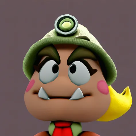 big eyebrows, 3D, Goombella, black eyes, pink Goomba, brown boots, armsless, red scarf, fang in mouth, green exporting hat, light on hat, blonde ponytail, anthro