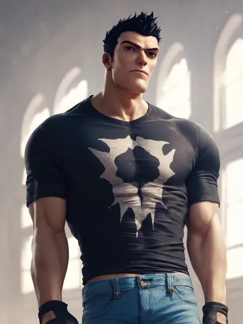 score_9, score_8_up, score_7_up, score_6_up, SeriousSam, shirt, black hair,  black eyes, gloves, muscular, denim, black t-shirt, <lora:Serious_Sam-000003:0.8>