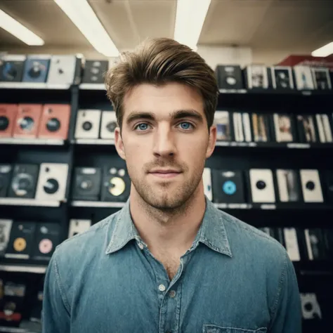 analog film photo AndrwTggrt in a record store, shopping, blue eyes, looking at the viewer, 1995 . faded film, desaturated, 35mm photo, grainy, vignette, vintage, Kodachrome, Lomography, stained, highly detailed, found footage