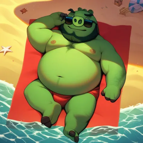 score_9, score_8_up, score_7_up, score_6_up, score_5_up, score_4_up, king leonard mudbeard, cartoon, pig, anthro, fat, green body, beard, three toes, outside, beach background, beach scenery, water, relaxing, laying down, looking at viewer, sunglasses, bar...