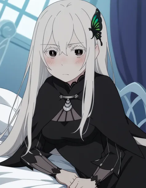 score_9, score_8_up, score_7_up, source_anime, <lora:rezero-echidna-s2-ponyxl-lora-nochekaiser:1>, echidna, colored eyelashes, white hair, hair between eyes, long hair, straight hair, black eyes, medium breasts,, black capelet, black dress, butterfly hair ...