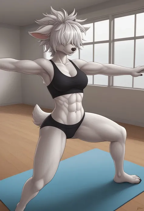 score_9, score_8_up,score_7_up, hi res, 
Expressiveh, 
(fushed),
(yoga studio, scenery,), (doing yoga, yoga mat,(warrior pose),yoga),
( furry woman, ), (messy hair, hair over eyes,
(yoga clothes),
 , thick body, large body,  abs,