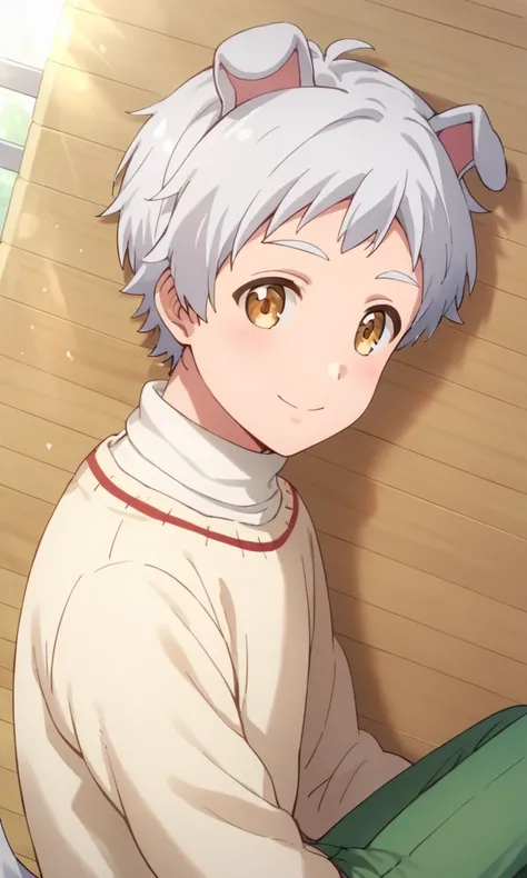 score_9,score_8_up,score_7_up,source_anime,1boy, solo,Pochi Yamada,white hair,yellow eyes,dog ears,dog boy,white dog tail, sweater,green pants, smile, indoors, light rays, posing, lying on side,dynamic angle, close-up, from above<lora:EMS-446281-EMS:0.8000...