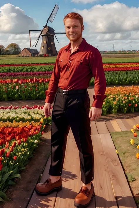 Dutch windmill in the background, rows of colorful tulip flowers, standing, smiling, ginger hair, AndroMass, wearing (plain red button up shirt:1.4), (baggy black pants:1.3), (light brown wooden clog shoes:1.3), dutch clogs, (((full body portrait))), wide ...