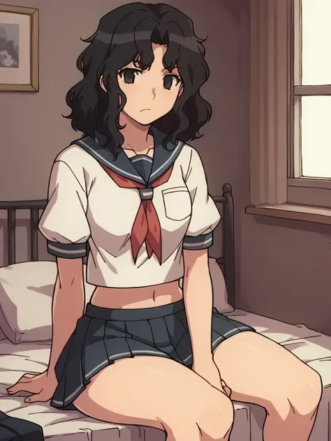 score_9, score_8_up, score_7_up, 
 1girl,  tanamichi kaoru, black hair, medium hair, wavy hair, black eyes, 

serafuku, midriff, short sleeves, miniskirt, thighs, looking at viewer, frown, empty eyes, bedroom,


