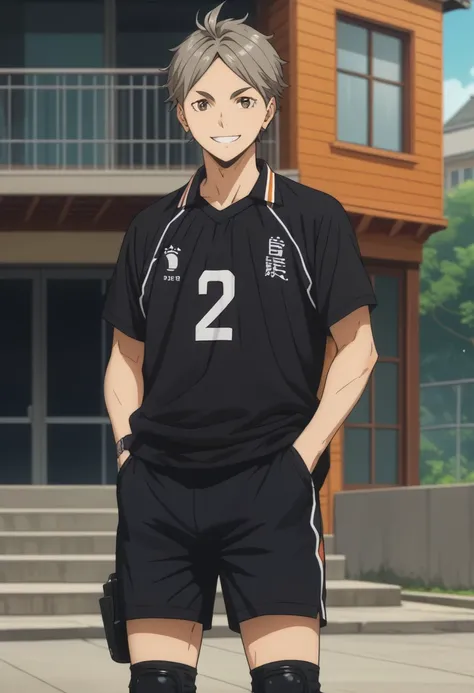 score_9, score_8_up, score_7_up, source_anime, rating_safe, Kosaikyu, 1boy, male focus, anime screencap, black Karasuno shirt, black Karasuno shorts, black knee pads, hands in pocket, smile, standing-posing, cut off legs,