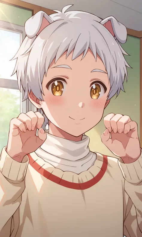 score_9,score_8_up,score_7_up,source_anime,1boy, solo,Pochi Yamada,white hair,yellow eyes,dog ears,dog boy,white dog tail, sweater,smile, indoors, light rays, posing,dynamic angle, close-up, upper body, dog pose, looking_at_viewer, smile, blush, hands up<l...