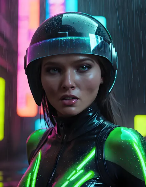 In a gritty, neo-noir setting reminiscent of Blade Runners dystopian Los Angeles, a close-up shot captures Z038L00M, a woman dressed in a high-contrast, stealthy catsuit with iridescent accents and a sleek, futuristic helmet, her eyes glowing neon green fr...