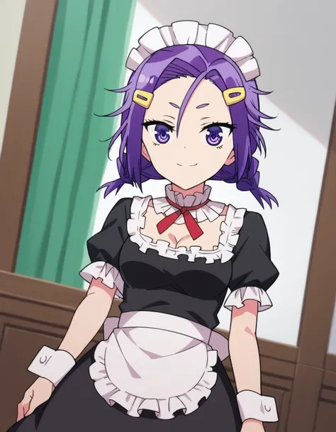 score_9, score_8_up, score_7_up, source_anime, <lora:asumi-kominami-s2-ponyxl-lora-nochekaiser:1>, asumi kominami, hair ornament, twintails, purple eyes, purple hair, hairclip, medium breasts,, cleavage, apron, wrist cuffs, maid, maid headdress, enmaided,,...