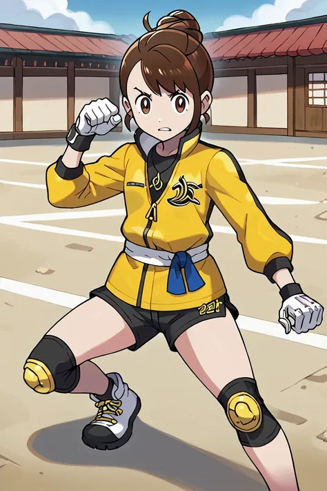 score_9, score_8_up, score_7_up, BREAK, 1girl, solo, Gloria, single hair bun, yellow jacket, zipper, black shirt, white belt, black shorts, white gloves, knee pads, white footwear, fighting stance, dojo, official style<lora:EMS-445243-EMS:0.800000>