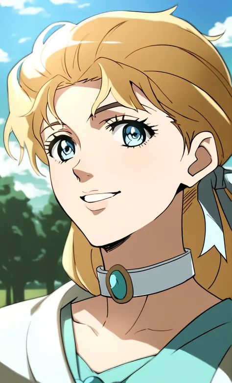 j0j0, score_8_up, score_7_up, source_manga, rating_questionable, <lora:j0j0XLP:0.4>, er1n4a, girl, blonde hair, messy hair, ribbons, blue eyes, smile expression, jewelled choker, teal dress, coat, close up, outdoors, at a barn in the countryside, <lora:JoJ...