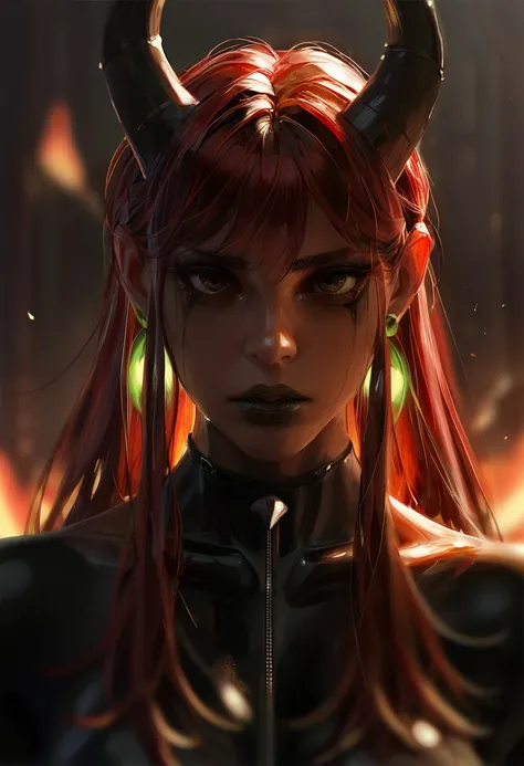 score_9, score_8_up, score_7_up, score_6_up, gwzs, detailed drawing, 1girl, long red hair, horns, dark eyes, black lipstick, glossy makeup, teardrop makeup, black latex outfit, choker, large earrings, fiery background, blurry background, warm lighting, ind...