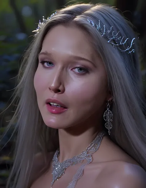 In a dark, mystical forest at twilight, the enchanting Z038L00M, a woman with ethereal beauty, is captured in a close-up portrait by a surrealist artist. Her long, cascading hair, adorned with intricate silver filigree and glowing jewels, frames her striki...