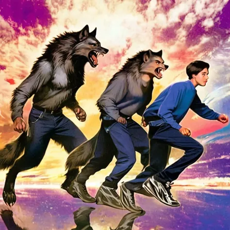 score_9,score_8_up,score_7_up,  sourceanimorph,  black hair, long sleeves, male focus, shoes, pants, animorph style, blbx morph, human to werewolf, human stage, half-human half-werewolf  stage, werewolf stage, <<lora:animorphsPonyXL:1>