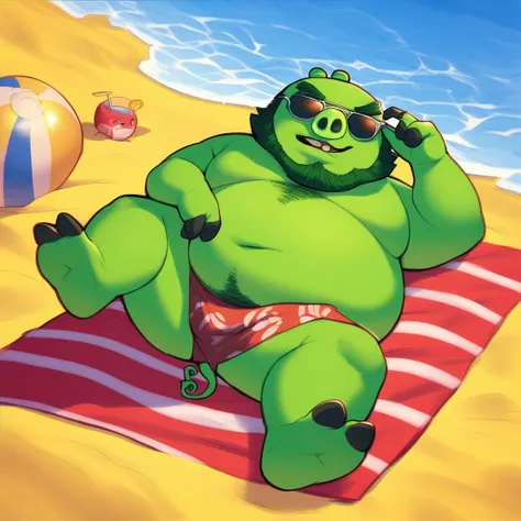 score_9, score_8_up, score_7_up, score_6_up, score_5_up, score_4_up, king leonard mudbeard, cartoon, pig, anthro, fat, green body, beard, three toes, outside, beach background, beach scenery, water, relaxing, laying down, looking at viewer, sunglasses, bar...