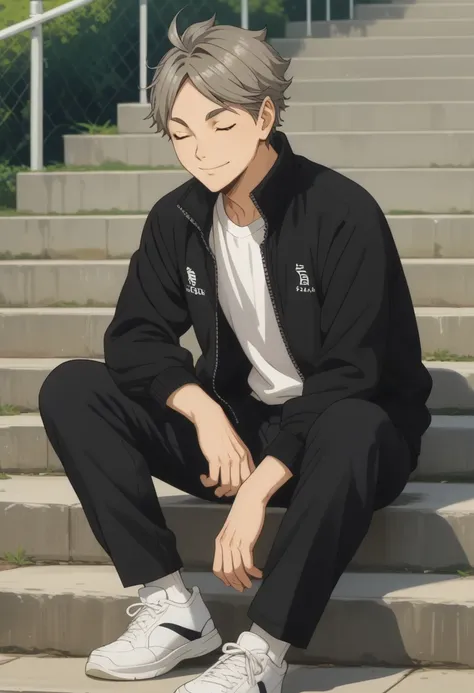 score_9, score_8_up, score_7_up, source_anime, rating_safe, Kosaikyu, 1boy, male focus, anime screencap, black Karasuno track jacket, white shirt, black pants, white sneakers, closed eyes, smile, sitting-posing,