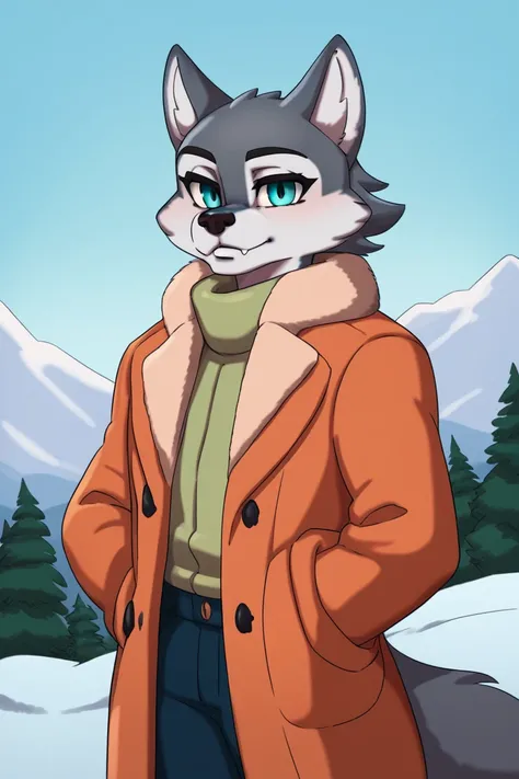 score_9, score_8, score_7, score_6, daigaijinDigitalStyle, anthro, wolf, mountain, snow, winter, serene, solo, fur, grey fur, white fur, clothed, coat, looking at viewer, hi res