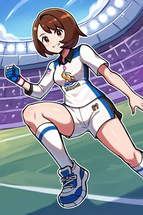 score_9, score_8_up, score_7_up, BREAK, 1girl, solo, Gloria, bob cut, white shirt, print shirt, white shorts, print shorts, looking at viewer, dynamax band, single glove, full body, white socks, kneehighs, shoes, stadium<lora:EMS-445243-EMS:0.600000>