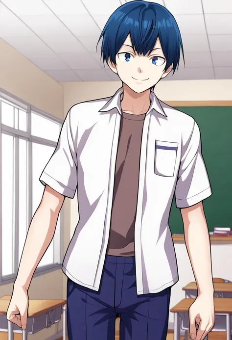 Na_Kang-Lim, hairstyle straight, blue hair, short hair, blue eyes, webtoon, manhwa, source_anime, smile, standing, cowboy shot, summer school uniform, brown shirt, open white shirt, short sleeves, blue pants, indoors, classroom, neutral pose  <lora:Na_Kang...