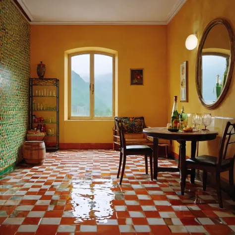 no humans, scenery, chair, indoors, bottle, plate, cup, tiles, window, tile floor, drinking glass, alcohol, reflective floor, rain, food