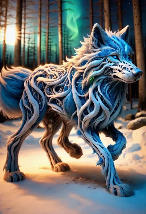 PG-TR,full body,  solo focus, soft focus, detailed fur, low-angle, blue aurora borealis, night, rear view, anthro wolf, voluminous mane, casting magic, blue glyphs, glowing runes 