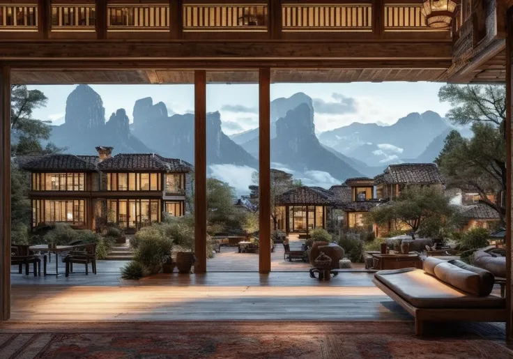 scenery, no humans, table, tree, indoors open to the outdoor, architecture, chair, mountain, sky, chandelier, lamp, day, plant, outdoors, window, stairs, wooden couch, rug,  <lora:Utopian Rustic Chinese Interior:1>, (masterpiece),(high quality), best quali...