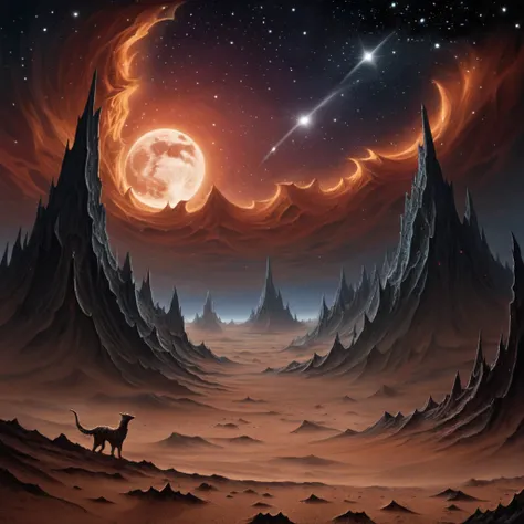 A surreal moonscape, where jagged peaks rise from a barren expanse of dust, and strange, otherworldly creatures prowl beneath a sky ablaze with stars." 
masterpiece, absurdres, highres, insane quality