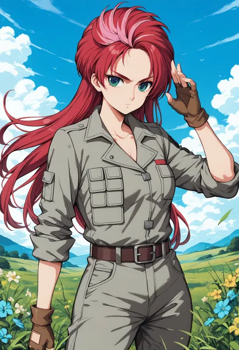 1girl, solo, (field:1.2), (sky:1.2), serious, large breasts, (cowboy shot, dynamic pose:1.4), 
yuuki_sara, green eyes, multicolored hair, red hair, two-tone hair, pink hair, long hair, brown gloves, fingerless gloves, belt, sleeves rolled up, breast pocket...