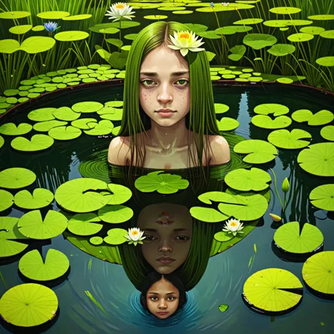 girl in lilypad, pond,  hrushimoony, <lora:hrushimooney:1>