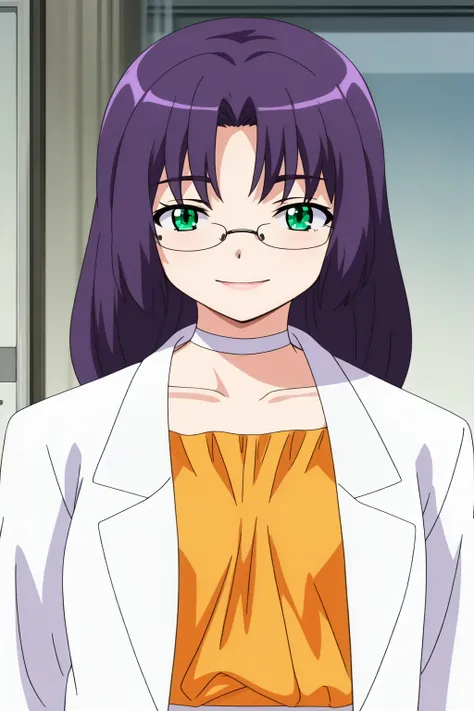 Nonomiya Taeko, 4k, absurd, high resolution, very high resolution, high definition, masterpiece, 1girl, solo, long hair, looking at viewer, smile, green eyes, purple hair, glasses, choker, labcoat<lora:EMS-447069-EMS:0.700000>