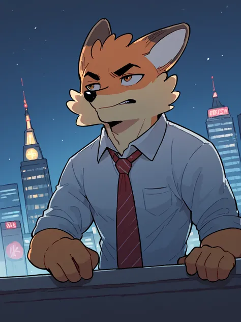 score_9, score_8_up, score_7_up, high quality, hires, furry, male, fox, Ron, solo, shirt, necktie, looking at another, adult, <lora:Ron_r1-1.5:1>, night cityscape