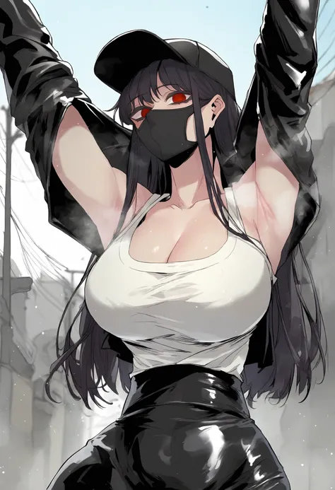 score_9, score_8_up, score_7_up, score_6_up, source_anime, rating_explicit, 1girl, solo, huge breasts, <lora:ihwa prefectPonyxl:0.9> long hair, red eyes, black hair, ringed eyes, sidelock, (black jacket:1.1), (leather jacket:1.1), open jacket, long sleeves...