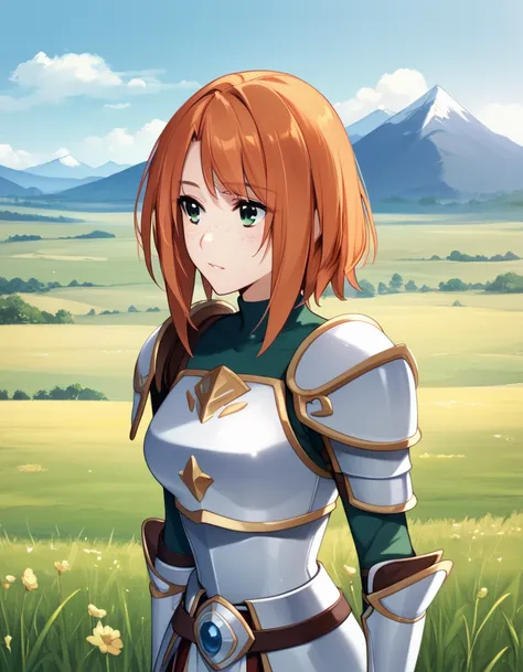 score_9, score_8_up, score_7_up, (iisuki tasuku), adult woman, 1girl, armor, skirt, freckles, orange hair, medium hair, green eyes, field, mountains,  <lora:1_xl_iisuki_tasuku_20e:1>