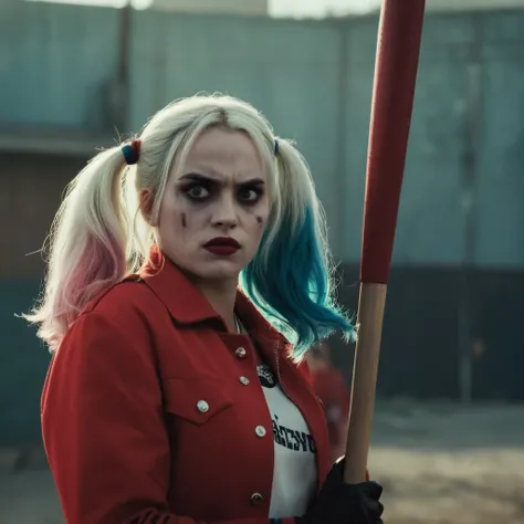 cinematic film still of  <lora:Cinematic Hollywood Film v2:1> perfect eyes, colorful
Epic Creative Scene Harley Quinn a very serious angry woman in red jacket with a baseball bat in her hand Cinematic Hollywood Film Style, shallow depth of field, vignette,...