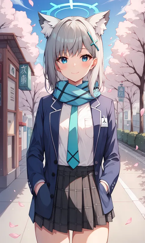 score_9, score_8_up, score_7_up, score_6_up, BREAK source_anime, 1girl, solo, outdoors, street, cherry blossoms, cowboy shot, standing, looking at viewer, shiroko, blue eyes, grey hair, short hair, cross hair ornament, fox ears, halo, blue blazer, open clo...