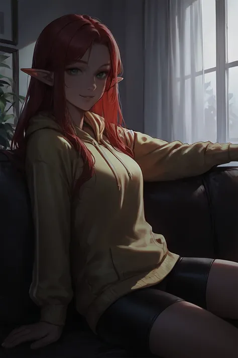 score_9, score_8_up, score_7_up, rating_safe, dark theme, low light, elf, pointy ears, red hair, long hair, green eyes, yellow hoodie, bike shorts, smile, 1girl, solo, looking at viewer, cowboy shot, sitting, on couch, couch, indoors, living room <lora:NAI...