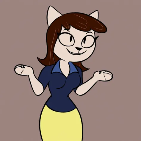 1girl, solo, anthro, furry, feline, maggie, pink fur, brown hair, blue collared shirt, yellow skirt