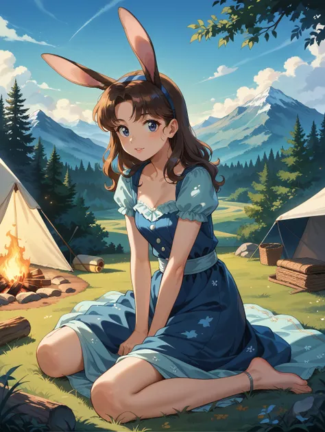 score_9, score_8_up, score_7_up,source_anime,
 charming woman, vintage outfit, retro camping, campfire, patting playful rabbit, sitting on grass, tent, lots of trees, cheerful expression. midnight, low light, dappled moonlight, mountainous horizon, soft li...