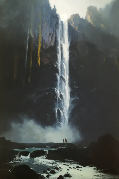 Line drawing painted figures,The waterfall in the mountain,as if flowing down from the clouds,the hazy clouds on the top of the mountain,the hazy mist,the dense trees on the mountain,stand under the waterfall,look up,(Jeremy Manns painting:1.3). emotion,ha...