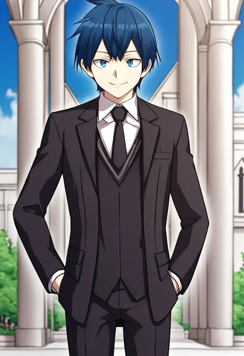 Na_Kang-Lim, hairstyle straight, blue hair, short hair, blue eyes, webtoon, manhwa, source_anime, smile, standing, cowboy shot, outdoor, church in background, black suit, male formal dress, collared shirt, black nectie, elegant, hands on pocket <lora:Na_Ka...