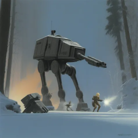 ralph_mcquarrie_style, battle, snow, ice, turret, pilotsuit, blonde hair, blaster, at-st, blast, smoke, wrecked speeder