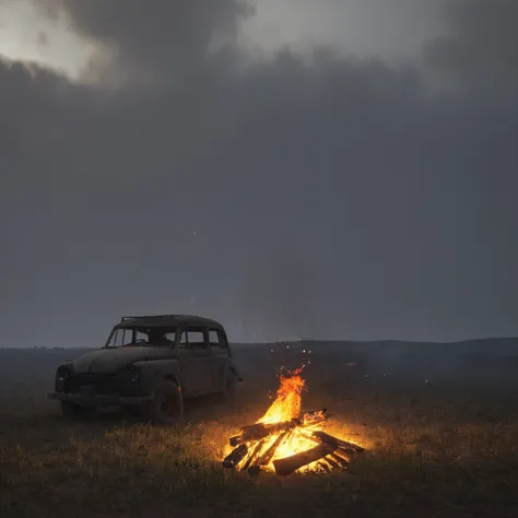 professional 3d model of  <lora:Hyperrealism style v2:1> in Hyperrealism style, 
 <lora:Unreal Engine style:0.3>
An Unreal Engine image of a fire is lit in the middle of a field,outdoors,no humans,night,fire,ground vehicle,scenery,motor vehicle,car,burning...