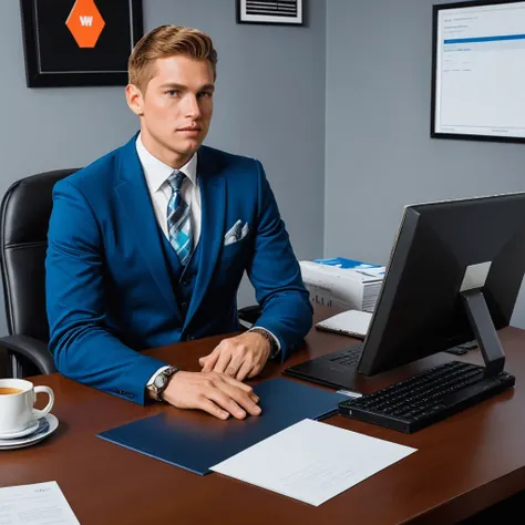 Documentary photography mode, IRL, high-definition detail, vibrant colors, era 2020s contemporary, business attire, solo, Rating SFW, a Caucasian male CEO sitting at a sleek office desk, ¬the high-definition detail capturing the professional atmosphere, so...