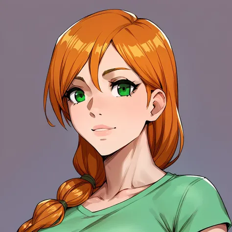 1girl, long orange hair, face, green eyes, t-shirt, cute, Minecraft Alex, source_anime, dark background, simple <lora:Kunaboto-Face-v1-000009:1>, score_9, score_8_up, score_7_up, high quality, sharp