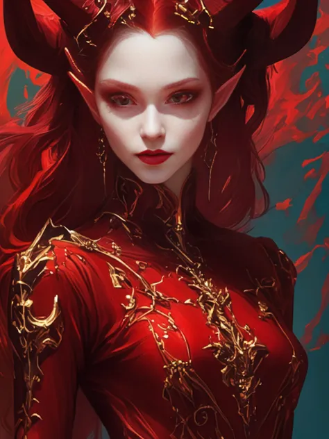 FRESHIDEAS Devil girl,most beautiful and detailed dark red bodysuit,bright background,juwels,