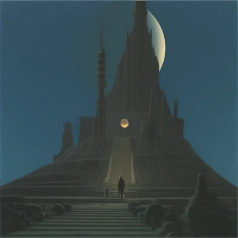 ralph_mcquarrie_style, scenery, moon, building, stairs, outdoors, crescent moon, tower, no humans, sky, epic architecture