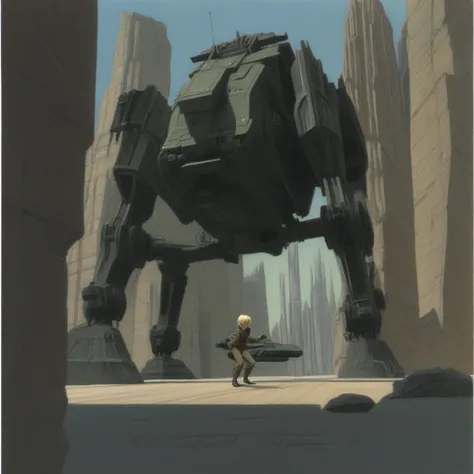 ralph_mcquarrie_style, solo, holding, mount, epic architecture, blonde hair, crossover, military vehicle, duel, mecha, rocky, 1boy