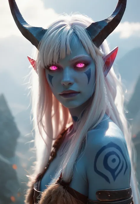 score_9, score_8_up, score_7_up, score_6_up, NEOST, 1girl, portrait, beautiful, tiefling shaman, white hair, (long hair:1.3), side bangs, horns, barbarian, gladiator, war paint, tribal markings, long tail, blue skin, pink eyes, glowing eyes, (smug:0.85), d...