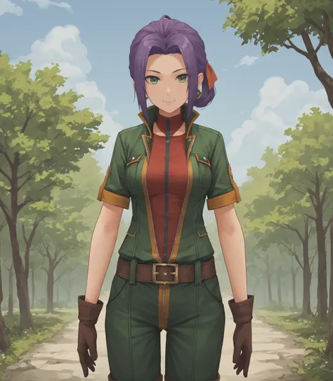 score_9, score_8_up, score_7_up, score_6_up, score_5_up, score_4_up, BREAK source_anime,
1girl, solo,  cowboy shot  looking at viewer, smile, outdoors, sky, trees, 
 <lora:Ashleigh:0.9>, Ashleigh, purple hair, parted bangs, hair ring, green eyes, medium br...